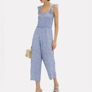 Intermix Faye Floral Wide Leg Crop Jumpsuit Blue & White - Size 4